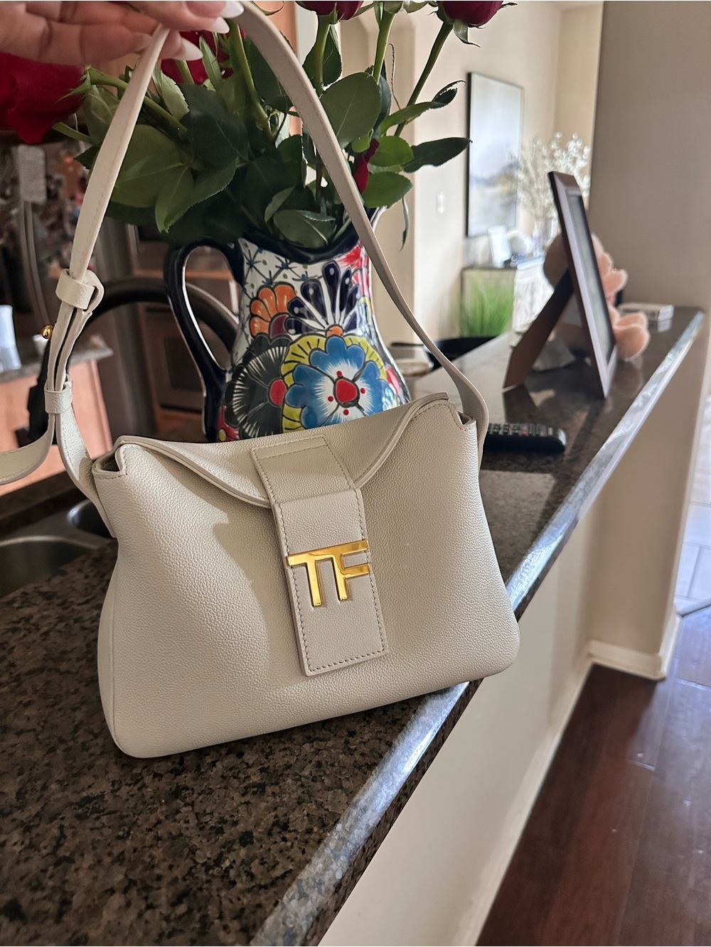 Tom Ford Cream Leather Shoulder Bag with Gold TF Accent